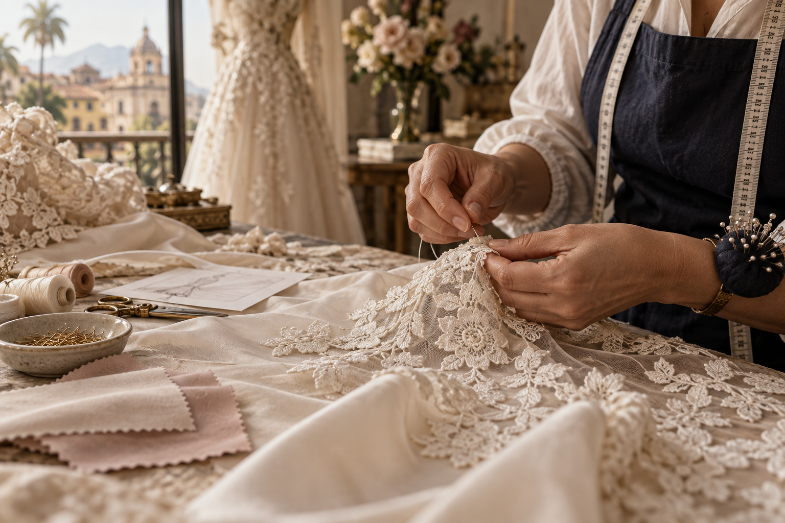 Detalle de confección artesanal de un vestido de novia